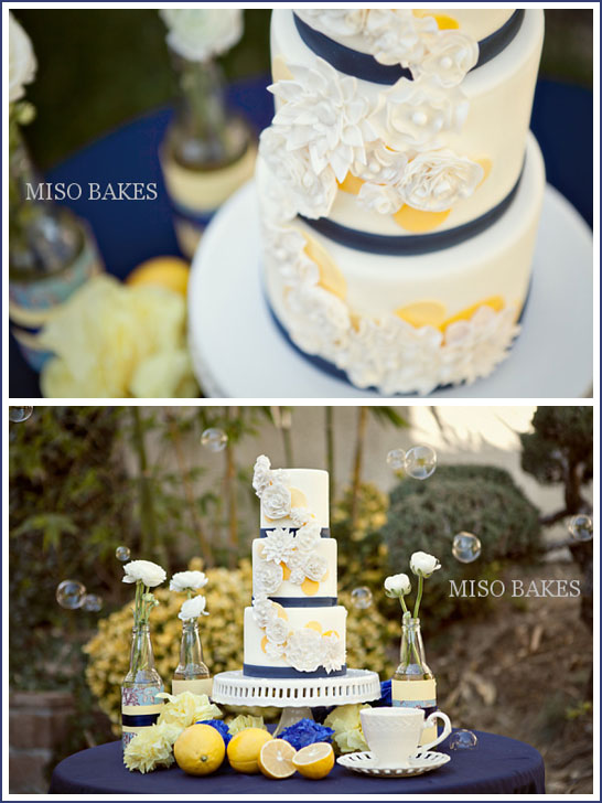 Vintage Wedding Cake in Navy & Yellow by Miso Bakes