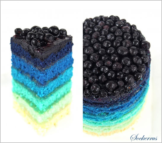 Blue Rainbow Cake, topped with blueberries