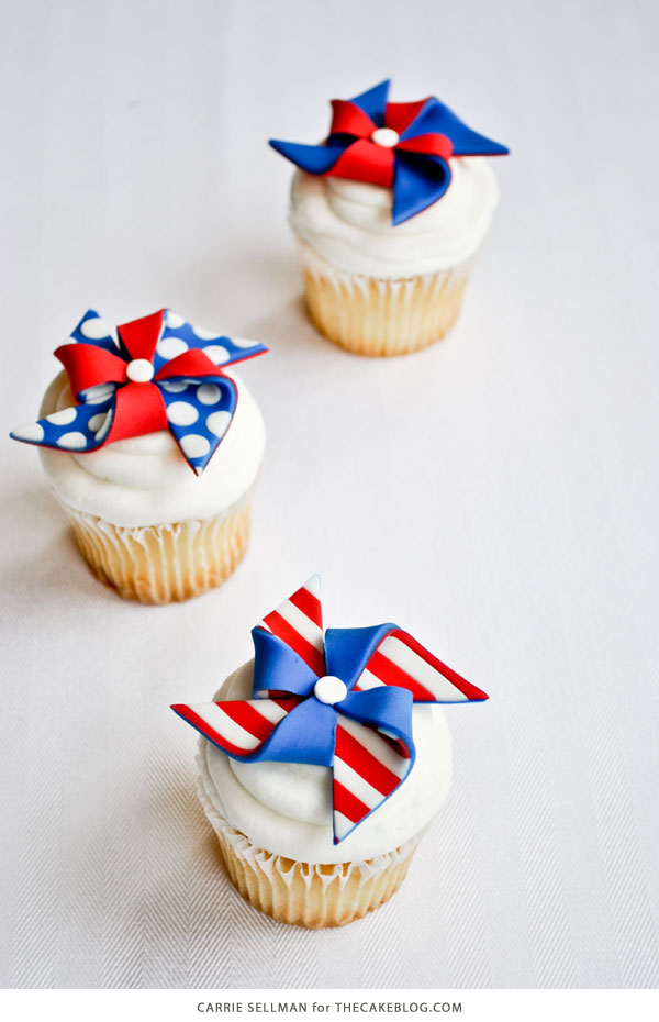 DIY Patriotic Pinwheel Cupcakes in Red, White & Blue | by Carrie Sellman for TheCakeBlog.com