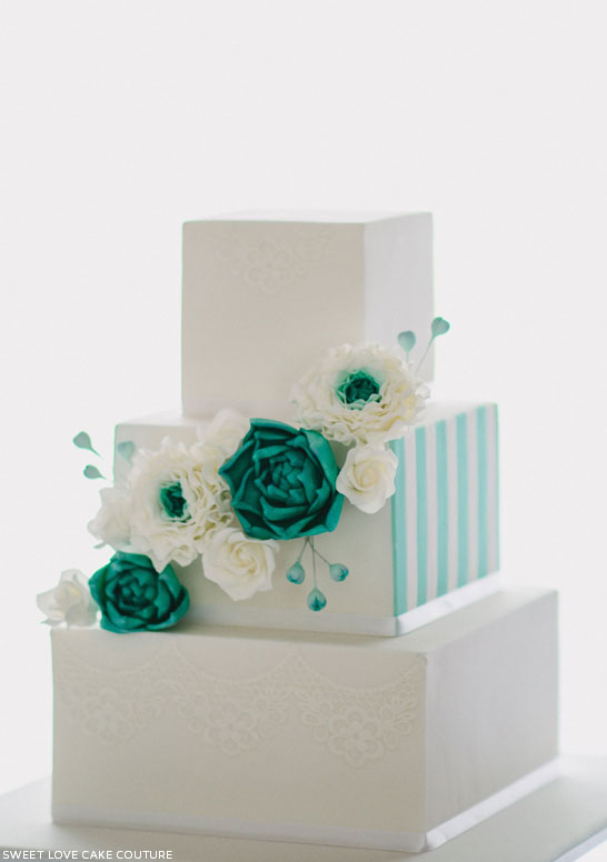 Teal & White Wedding Cake by Sweet Love Cake Couture  |  TheCakeBlog.com
