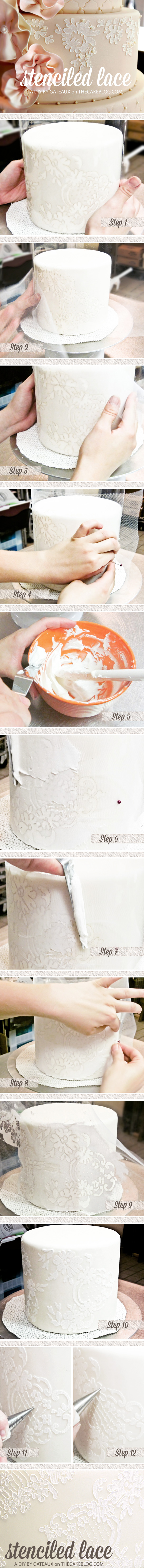 Stenciled Lace Cake Tutorial  |  by Gateaux Inc  |  TheCakeBlog.com