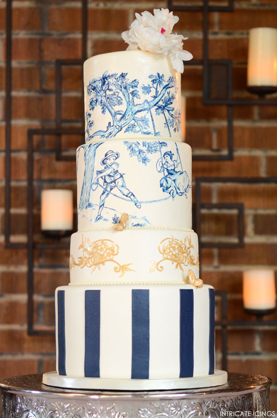Navy & Gold Toile Wedding Cake  |  by Intricate Icings  |  TheCakeBlog.com