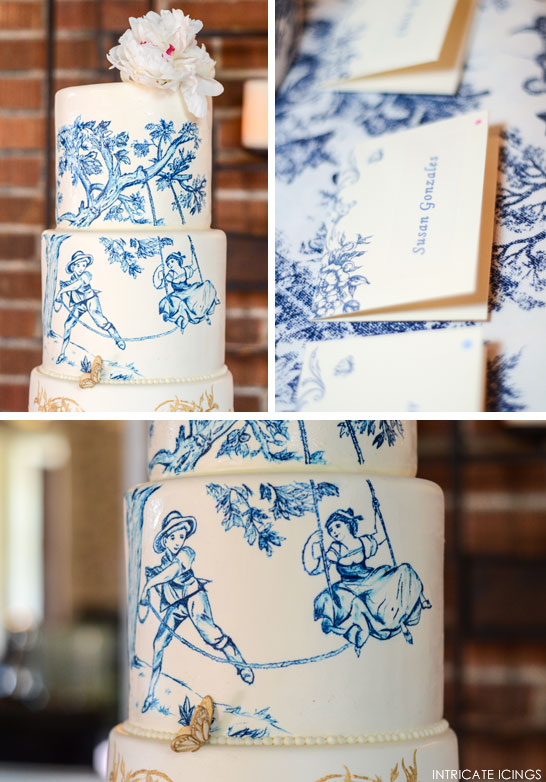 Navy & Gold Toile Wedding Cake  |  by Intricate Icings  |  TheCakeBlog.com