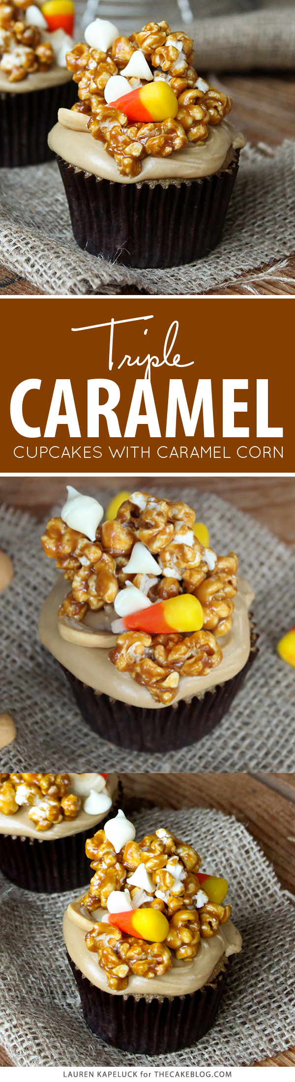 Caramel Corn Cupcakes for Halloween - caramel cupcakes topped with caramel frosting and caramel popcorn studded with candy corn and cashews | by Lauren Kapeluck for TheCakeBlog.com
