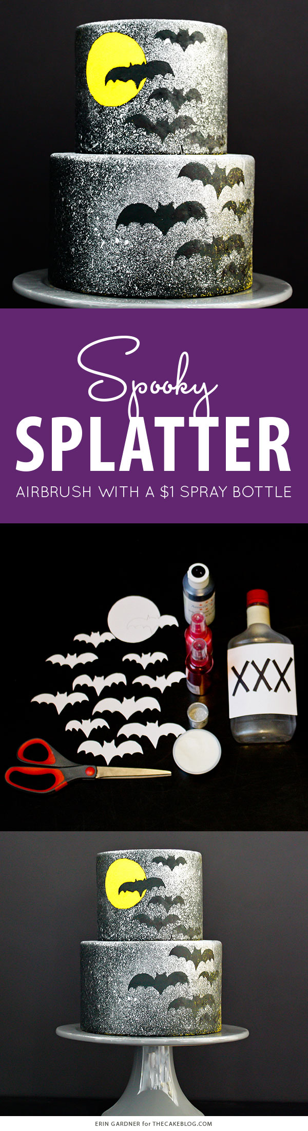 Spooky Splatter Halloween Cake - how to airbrush with a $1 spray bottle  |  Erin Gardner for TheCakeBlog.com