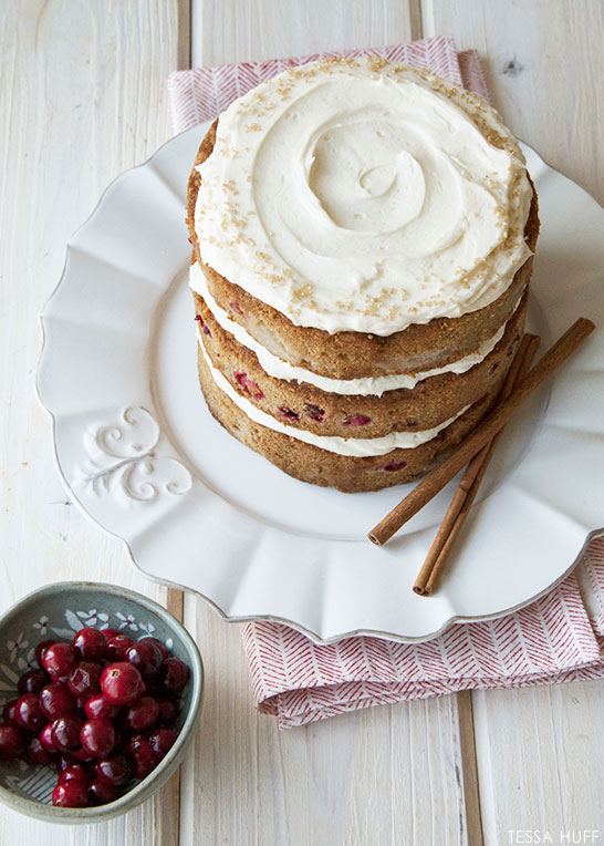 Pear & Cranberry Cake! Perfect for holiday parties and Christmas dessert. By Tessa Huff for TheCakeBlog.com