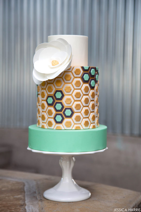 Gold & Mint Hexagon Cake | by Jessica Harris | TheCakeBlog.com
