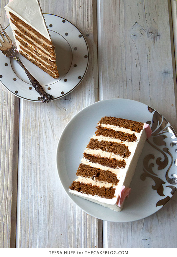 Gingerbread Latte Cake! Gingerbread cake, espresso buttercream and toffee bits, perfect for holiday parties and Christmas dessert | by Tessa Huff for TheCakeBlog.com