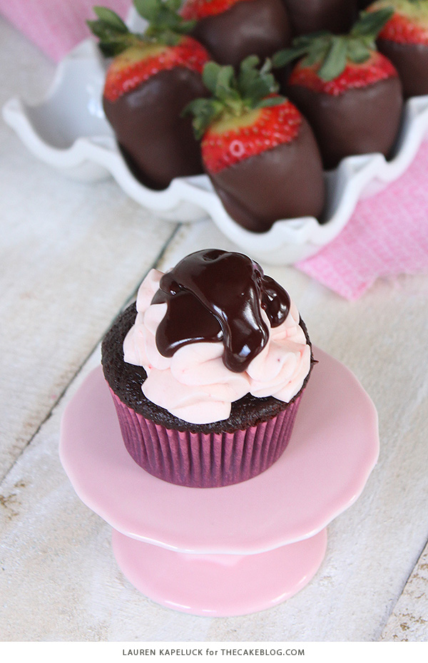 Chocolate Covered Strawberry Cupcakes | by Lauren Kapeluck for TheCakeBlog.com