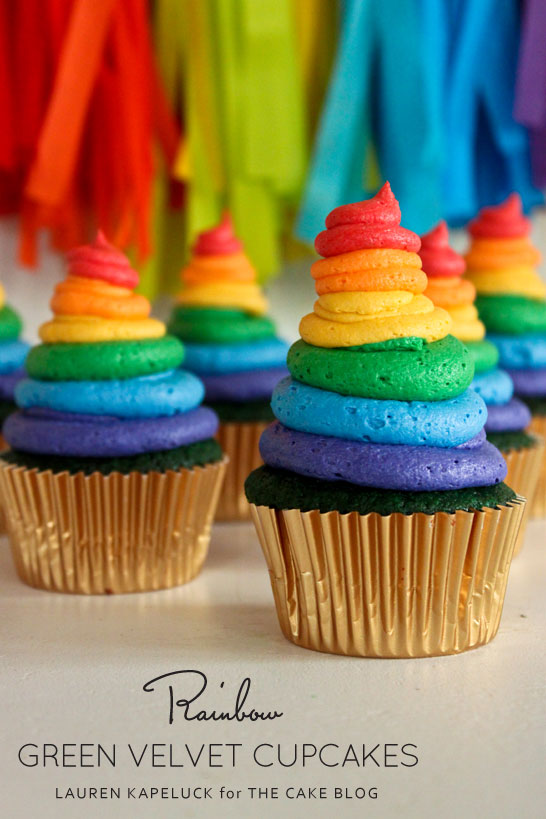 Green Velvet Cupcakes with rainbow buttercream | by Lauren Kapeluck for TheCakeBlog.com