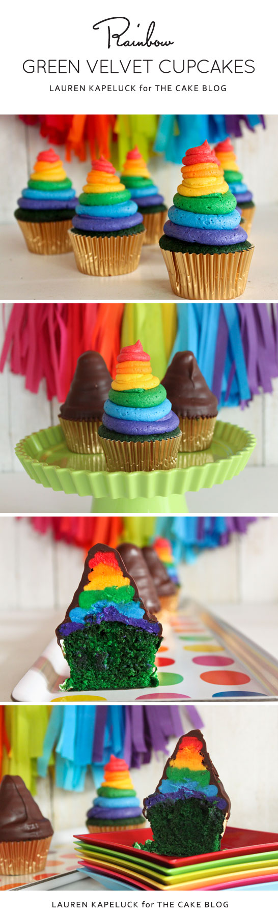 Green Velvet Cupcakes with rainbow buttercream | by Lauren Kapeluck | for TheCakeBlog.com
