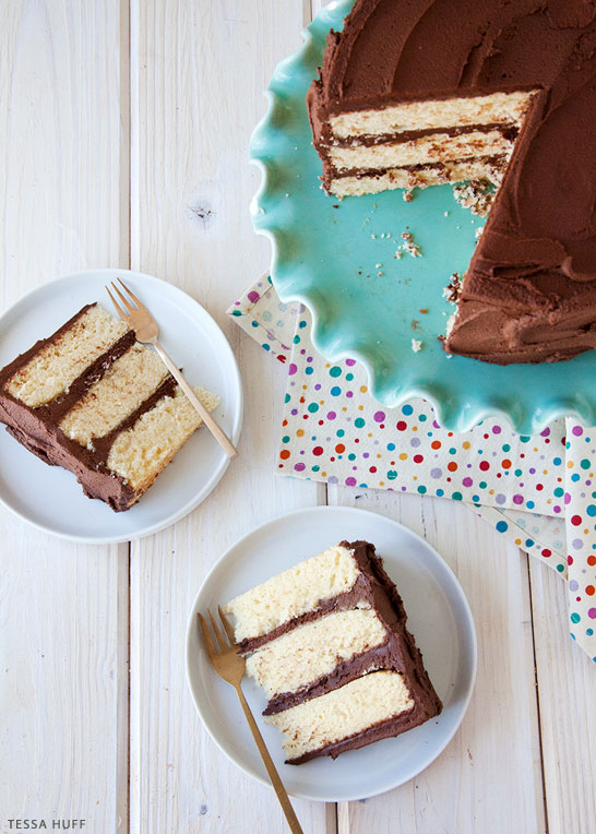 Classic Yellow Cake with Fudge Frosting | by Tessa Huff for TheCakeBlog.com