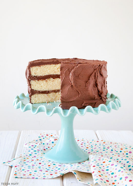 Classic Yellow Cake with Fudge Frosting | by Tessa Huff for TheCakeBlog.com