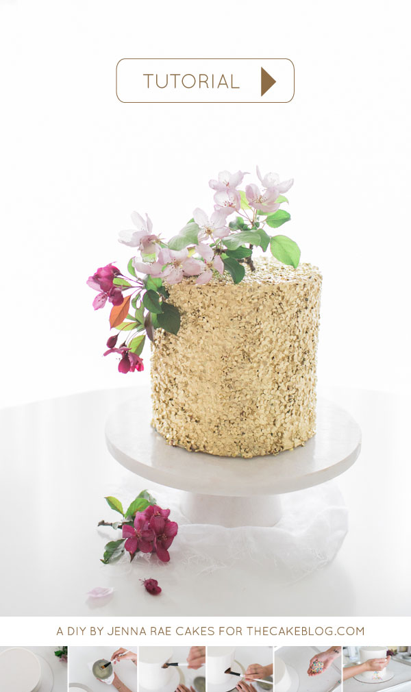 How to make a Gold Sequin Cake | Metallic Sequin Cake Tutorial | by Jenna Rae Cakes for TheCakeBlog.com