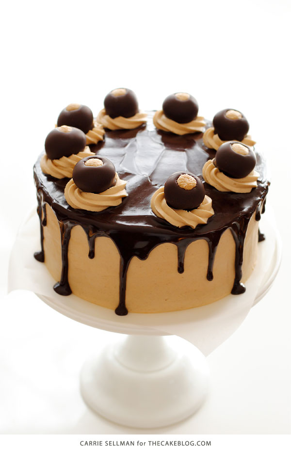 Chocolate Peanut Butter Cake - moist chocolate cake paired with peanut butter frosting and filling, topped with drippy chocolate ganache and homemade peanut butter balls, aka buckeyes | Carrie Sellman for TheCakeBlog.com