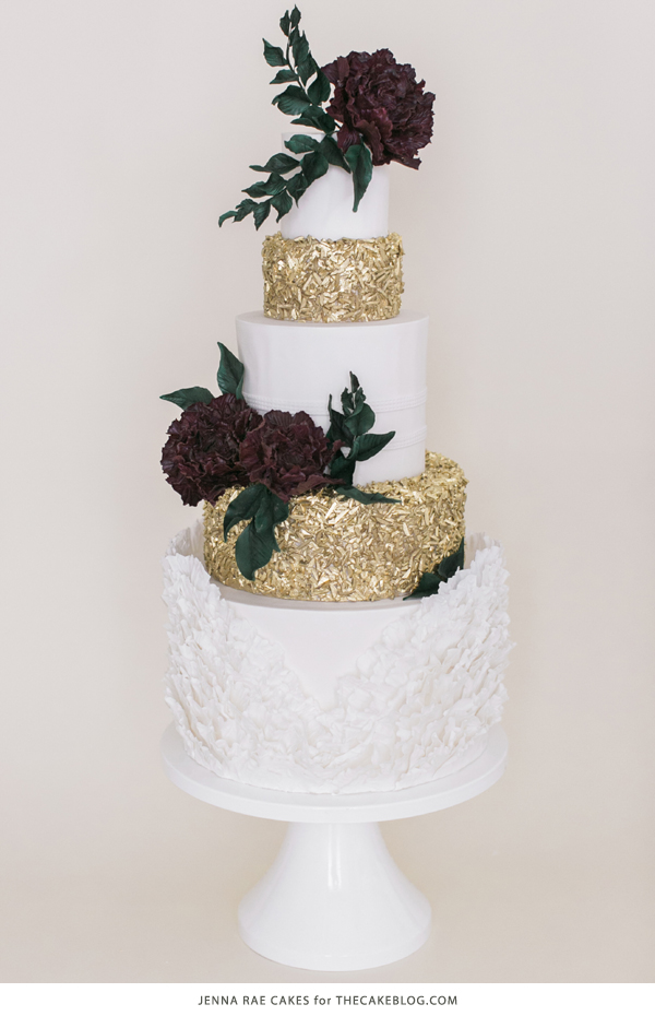 2015 Wedding Cake Trends | including this gold & marsala sequin cake by Jenna Rae Cakes | on TheCakeBlog.com