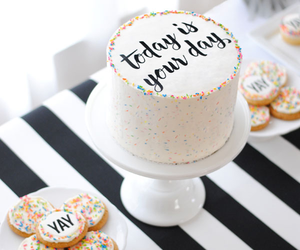 Graduation Party Desserts including this DIY sprinkle cake with easy edible writing | by Carrie Sellman for TheCakeBlog.com
