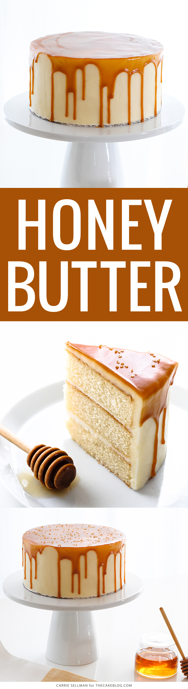 Honey Butter Cake | honey cake with honey cream cheese frosting topped with a honey butterscotch glaze | by Carrie Sellman for TheCakeBlog.com