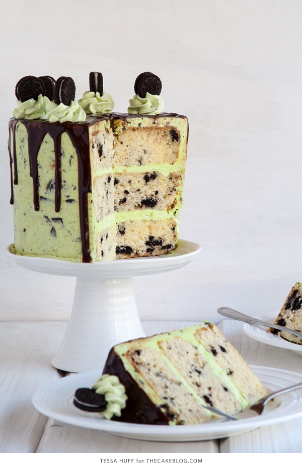 Mint Cookies 'N Cream Cake with crushed cookies in the cake and frosting plus a chocolate drip | by Tessa Huff for TheCakeBlog.com