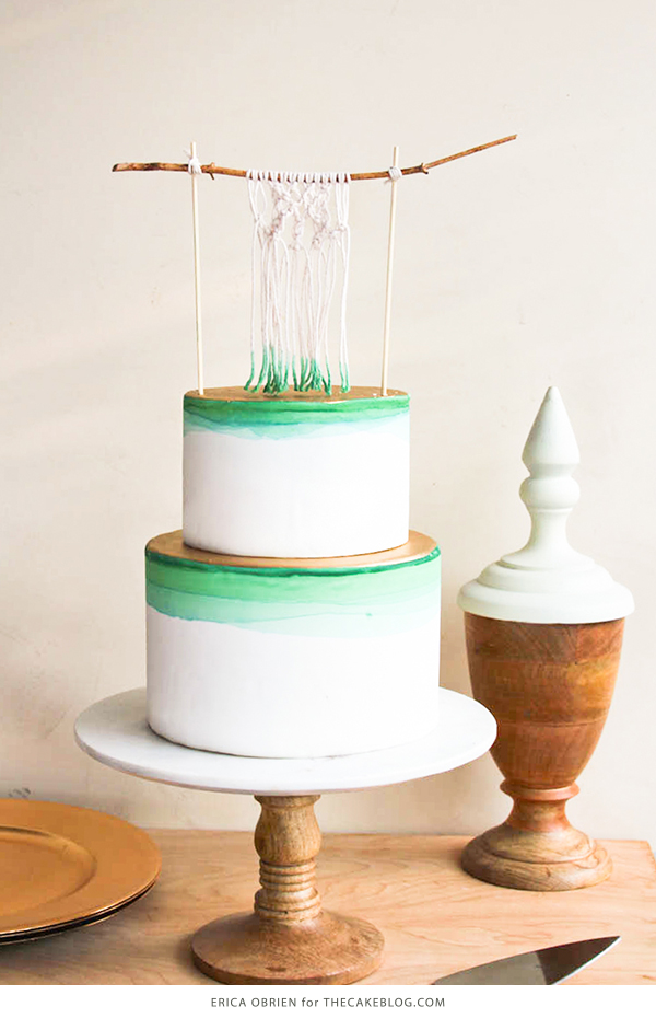 Macrame Cake with dip dyed shades of green and gold accents | by Erica OBrien for TheCakeBlog.com