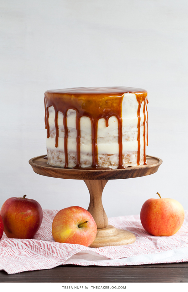 Apple & Goat Cheese Cake - fresh apple cake with goat cheese frosting and cinnamon caramel glaze | by Tessa Huff for TheCakeBlog.com