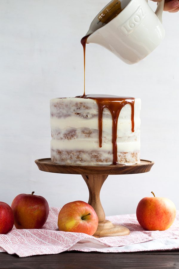 Apple & Goat Cheese Cake - fresh apple cake with goat cheese frosting and cinnamon caramel glaze | by Tessa Huff for TheCakeBlog.com