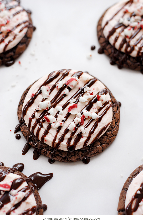 Brownie Cookies with Candy Cane Kisses Frosting | Carrie Sellman for TheCakeBlog.com