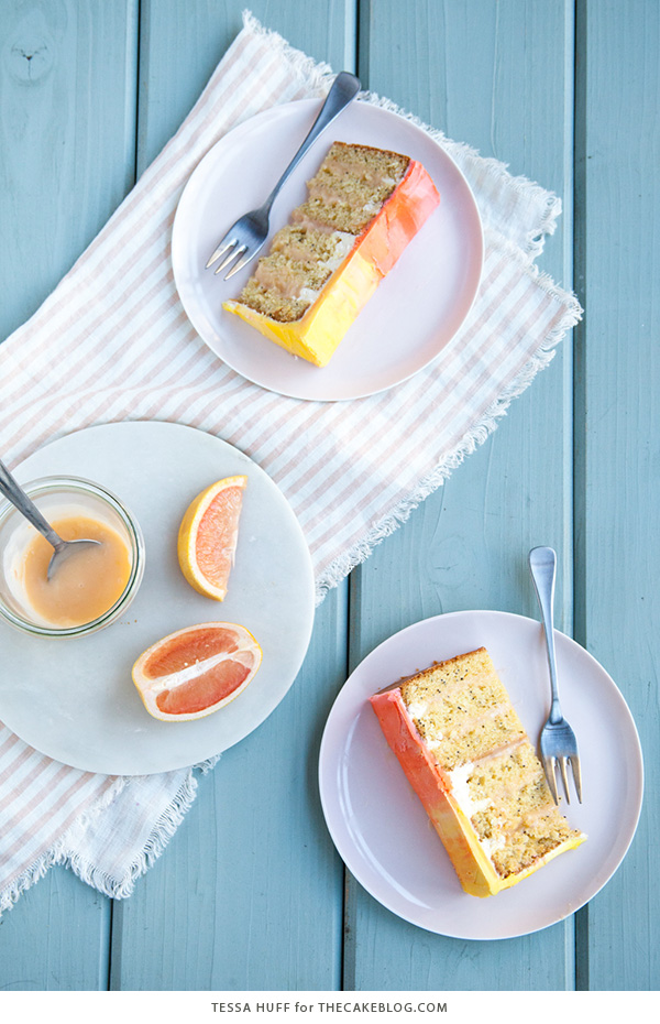 Pink Grapefruit Cake. A light olive oil cake filled with grapefruit curd and frosted with whipped vanilla buttercream - perfect for spring brunches, showers and birthdays | by Tessa Huff for TheCakeBlog.com