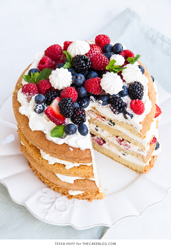  Mess Cake - Inspired by the classic dessert, this cake combines crisp meringues, sweetened cream, fresh berries - layered between an airy sponge cake. | By Tessa Huff for TheCakeBlog.com