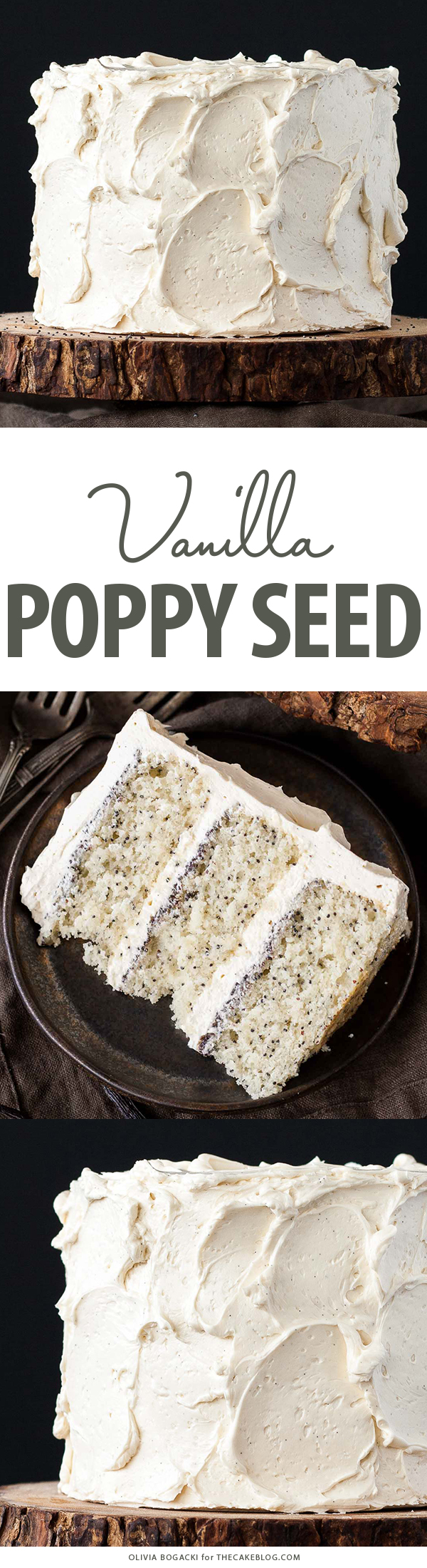 Poppy Seed Cake - poppy seed studded cake with vanilla bean frosting and poppy seed filling | by Olivia Bogacki for TheCakeBlog.com