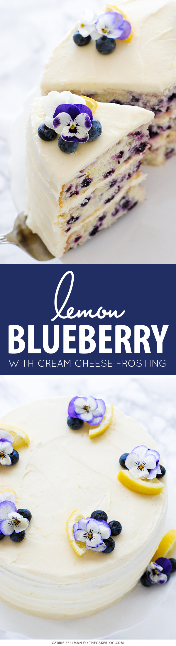 Lemon Blueberry Cake - lemon cake studded with wild blueberries, topped with lemon cream cheese frosting | by Carrie Sellman for TheCakeBlog.com