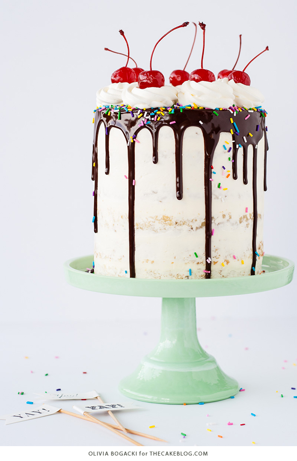 Banana Split Cake, a layer cake recipe inspired by the ice cream dessert | by Olivia Bogacki for TheCakeBlog.com