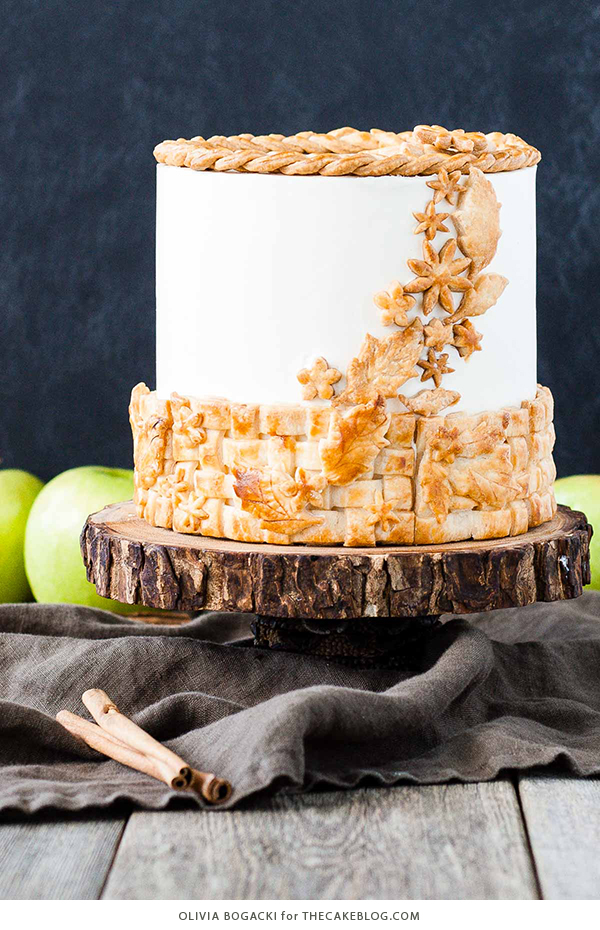 Apple Pie Cake! A layer cake recipe with hints of cinnamon and nutmeg, fresh apple pie filling, buttercream frosting and braided pie crust lattice | by Olivia Bogacki for TheCakeBlog.com