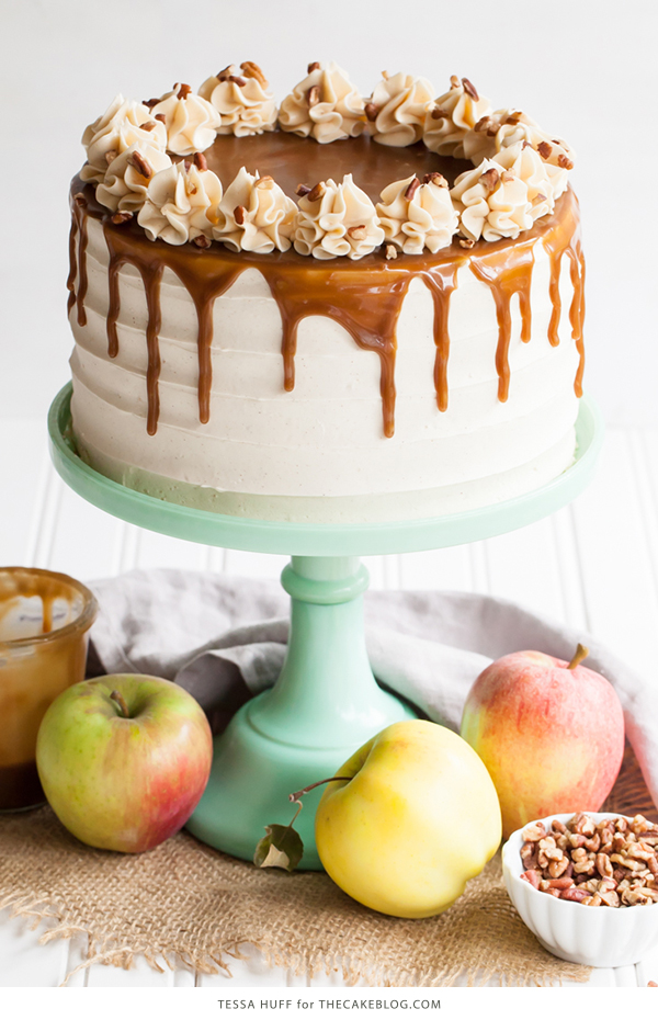 Apple Toffee Crunch Cake - fresh apple cake with crunchy pecans, cinnamon buttercream and a toffee sauce drip | by Tessa Huff for TheCakeBlog.com