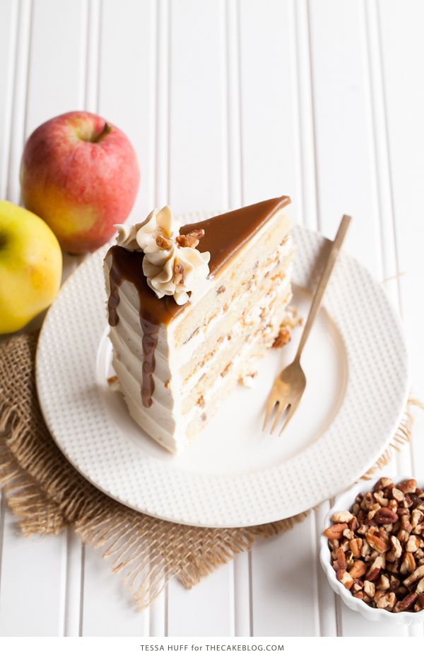Apple Toffee Crunch Cake - fresh apple cake with crunchy pecans, cinnamon buttercream and a toffee sauce drip | by Tessa Huff for TheCakeBlog.com