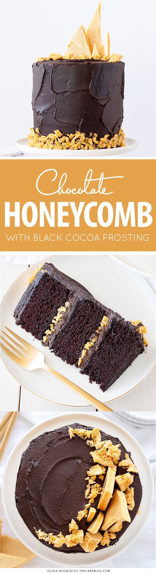 Dark Chocolate Honeycomb Cake - a rich chocolate layer cake recipe with ultra dark, fudgy frosting and homemade honeycomb | by Olivia Bogacki for TheCakeBlog.com