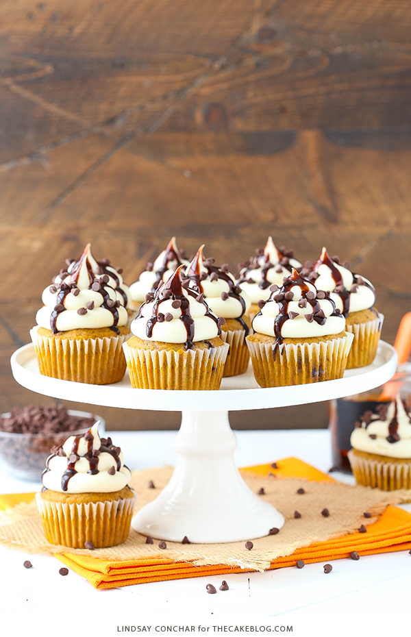 Pumpkin Chocolate Chip Cupcakes - pumpkin cupcakes studded with chocolate chips, topped with cream cheese frosting and chocolate sauce | by Lindsay Conchar for TheCakeBlog.com 