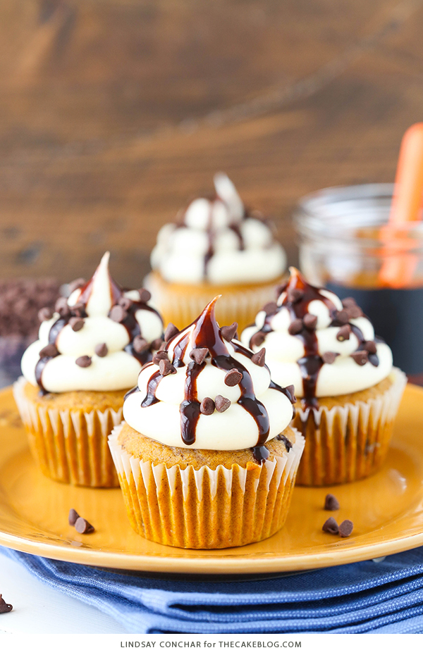 Pumpkin Chocolate Chip Cupcakes - pumpkin cupcakes studded with chocolate chips, topped with cream cheese frosting and chocolate sauce | by Lindsay Conchar for TheCakeBlog.com 