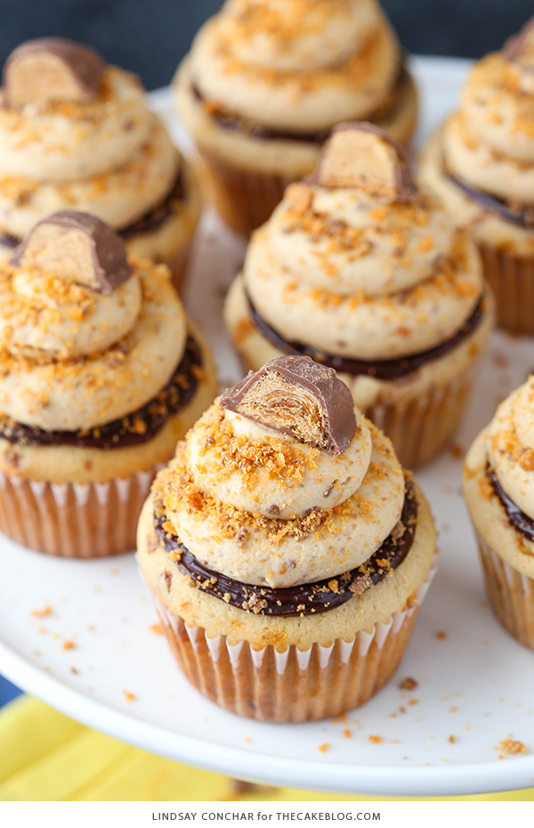 Butterfinger Cupcakes - the ultimate Butterfinger cupcake recipe | Lindsay Conchar for TheCakeBlog.com