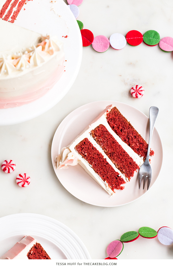 Peppermint Red Velvet Cake - bright red cake layered with white chocolate peppermint buttercream | by Tessa Huff for TheCakeBlog.com