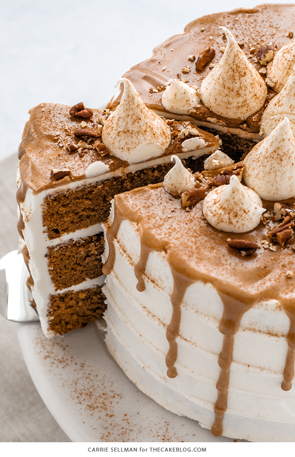Sweet Potato Cake with marshmallow frosting, drippy maple glaze, chopped pecans and cinnamon | by Carrie Sellman for TheCakeBlog.com