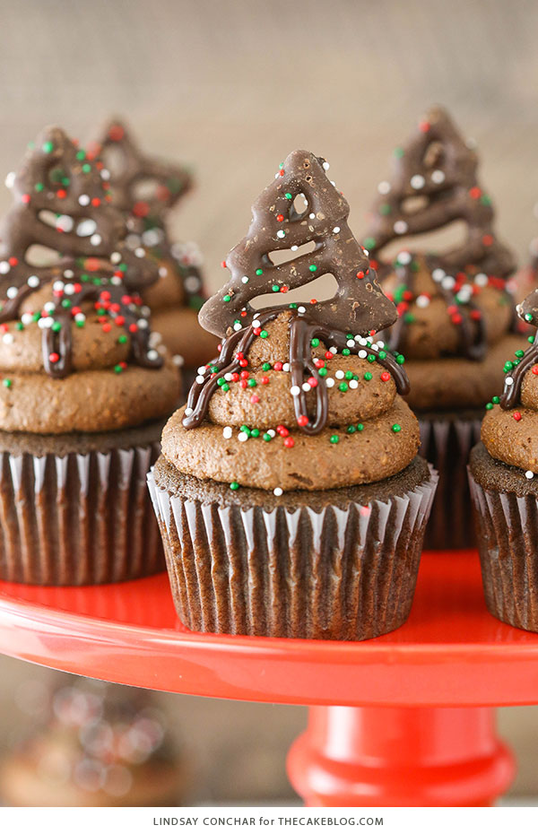 Chocolate Pretzel Cupcakes - salty sweet holiday cupcake | Lindsay Conchar for TheCakeBlog.com