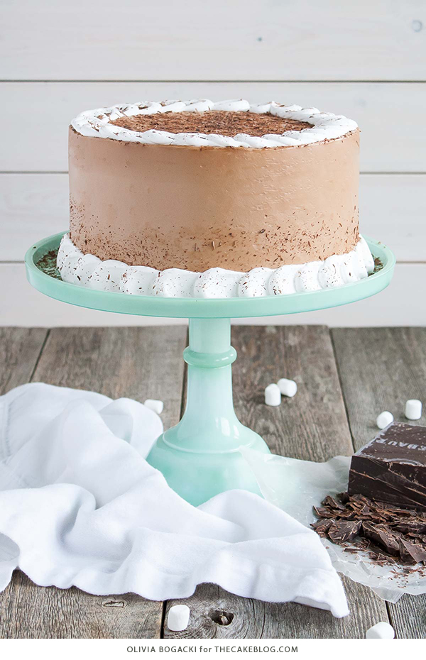 Hot Chocolate Cake with Homemade Marshmallow Fluff | by Olivia Bogacki for TheCakeBlog.com