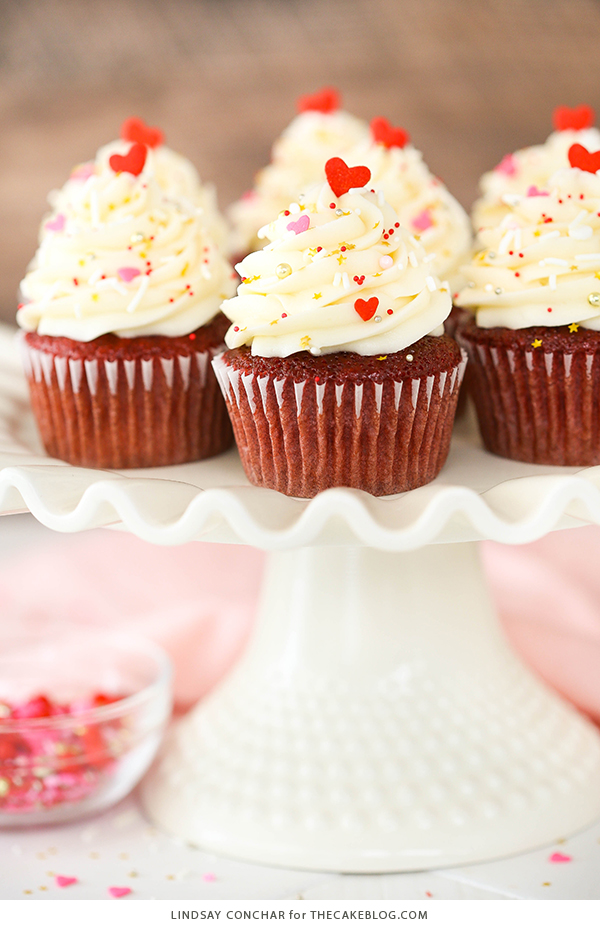 Red Velvet Cupcakes - super easy to make and stay moist for days, with a classic red velvet flavor and cream cheese frosting | Lindsay Conchar for TheCakeBlog.com