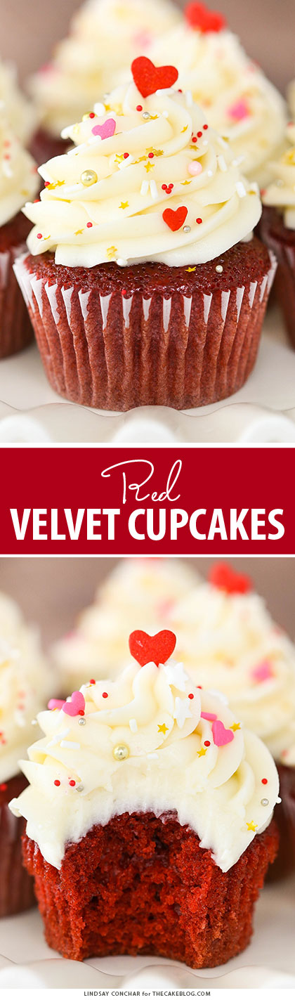 Red Velvet Cupcakes - super easy to make and stay moist for days, with a classic red velvet flavor and cream cheese frosting | Lindsay Conchar for TheCakeBlog.com