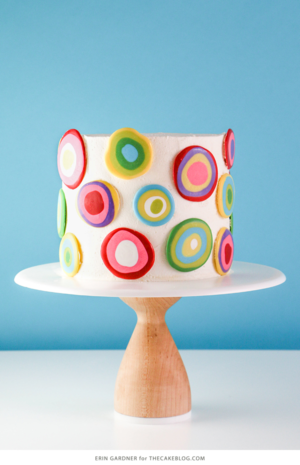 Mod Polka Dot Cake - how to make colorful polka dot toppers for cakes and cupcakes using chocolate coating | Erin Gardner for TheCakeBlog.com