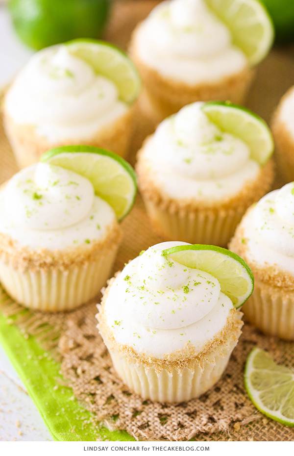 Key Lime Cupcakes - light, fluffy cupcakes full of key lime flavor! With lime juice and zest, topped with a tangy sweet lime frosting and graham cracker crumbs | by Lindsay Conchar for TheCakeBlog.com