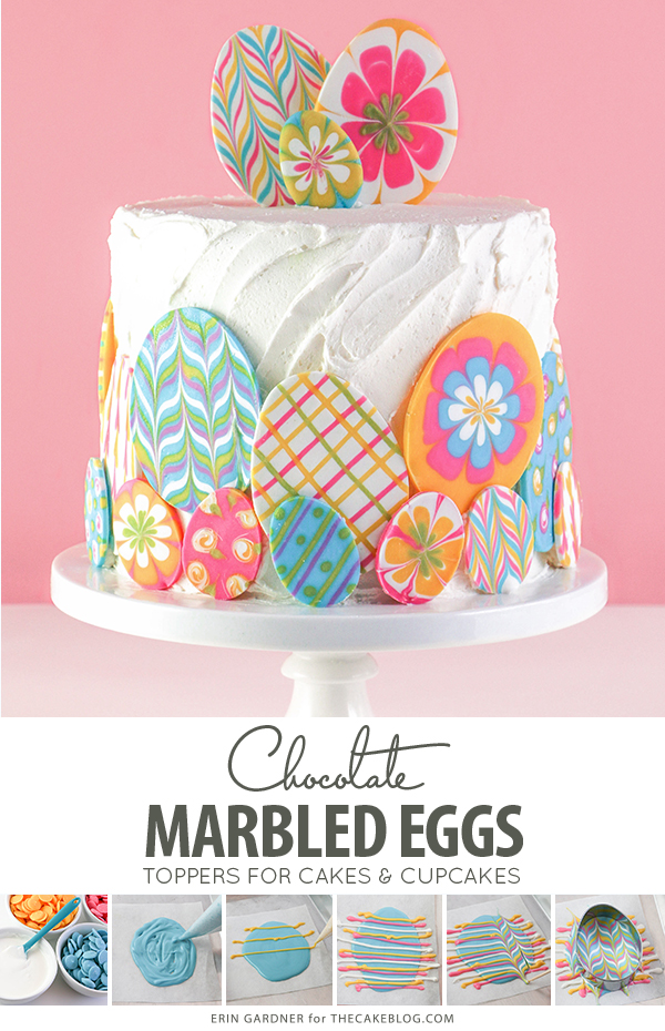 Marbled Chocolate Easter Eggs - how to make marbled Easter egg toppers for cakes and cupcakes using chocolate coating and cookie cutters | by Erin Gardner for TheCakeBlog.com