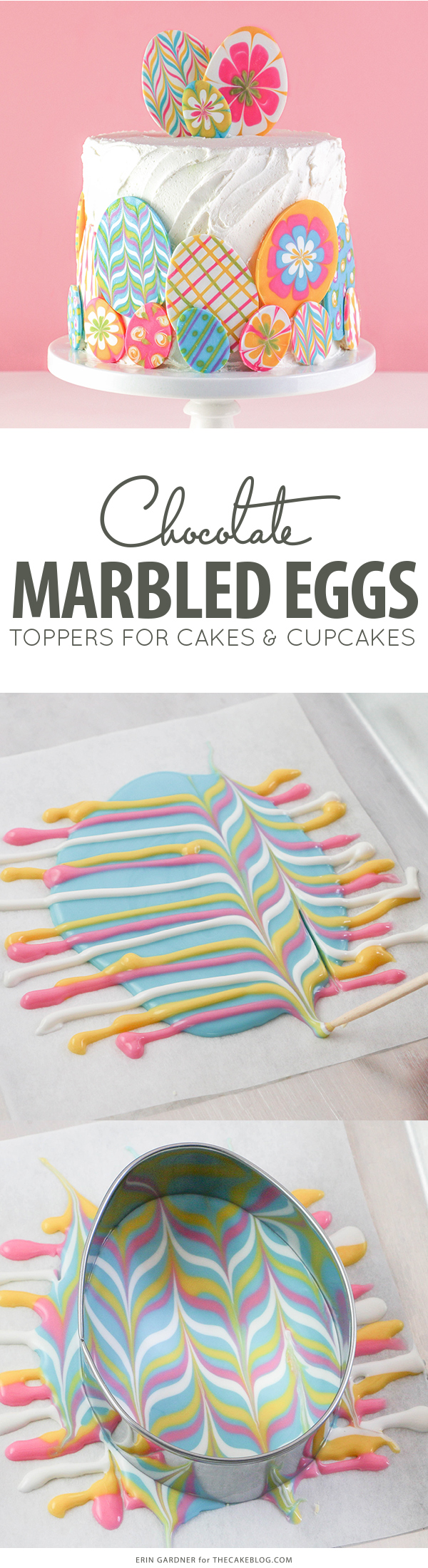 Marbled Chocolate Easter Eggs - how to make marbled Easter egg toppers for cakes and cupcakes using chocolate coating and cookie cutters | by Erin Gardner for TheCakeBlog.com