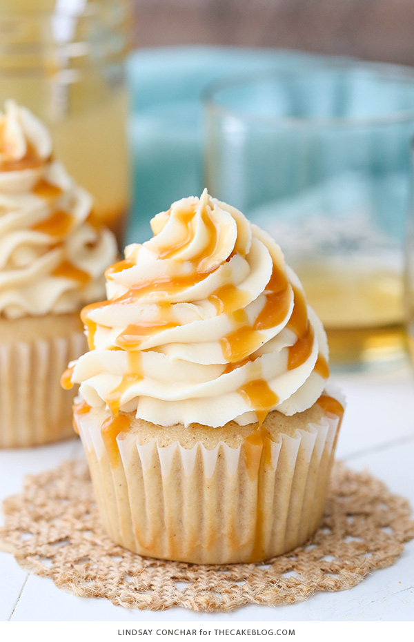 Caramel Bourbon Vanilla Cupcakes - a brown sugar bourbon cupcake topped with caramel vanilla frosting for a unique combination that is full of flavor!